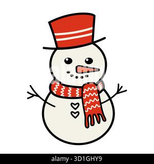 Vektorillustration eines flachen Schneemannaufklebers in rotem Hut und Schal, in linearer Form umrissen. Perfekt für Grußkarten und festliche Dekoration. EPS. Stock Vektor