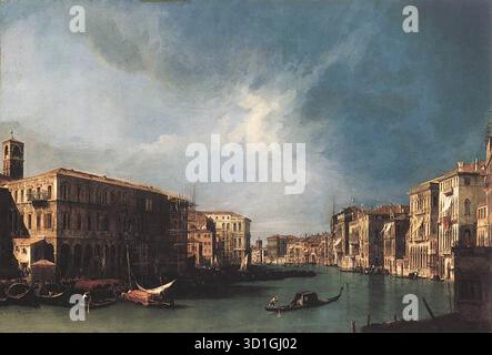 CANALETTO (* 1697, Venezia, d. 1768, Venezia) der Canal Grande von Rialto nach Norden 1725 Öl auf Leinwand, 89,5 x 131,5 cm Privatsammlung diese Veduta ist der Anhänger des Canal Grande in der Nähe der Rialtobrücke (Privatsammlung). Zusammen gehören sie zu den vier Gemälden, die Stefano Conti bestellt hat. Von ungefähr demselben Aussichtspunkt wie sein Anhänger, in diesem Fall vermutlich an der Ecke des Palazzo Civran, zeigt er uns den Blick nach Norden. Links neben der Fabbriche Vecchie befindet sich die Fabbriche Nuove mit dem campanile von San Cassiano auf der linken Seite Stockfoto