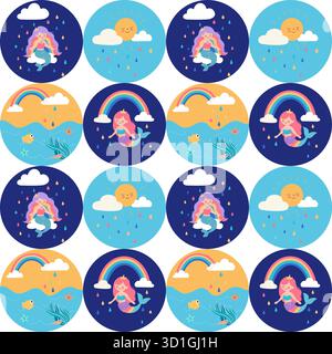 Nahtloses Vektor-Muster mit niedlichen Meerjungfrauen, Regenbogen, Meer, Fisch, Wolken, Sonne und Regentropfen in runden Kompositionen. Helles und verspieltes Design für Kinder, Textilien, Aufkleber und Drucke. Stock Vektor