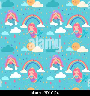 Illustration mit niedlichen Meerjungfrauen, bunten Regenbögen, Wolken, Regentropfen und lächelnder Sonne auf blauem Hintergrund. Perfekt für Kinderdesign, Textilien, Geschenkpapier, Dekor und Drucke. Stock Vektor