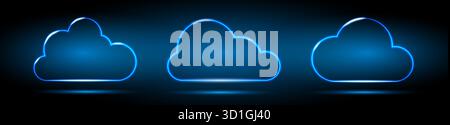 Eine Reihe von Neonwolken. Neon Digital Cloud-Symbol auf schwarzem und blauem Hintergrund. Stock Vektor