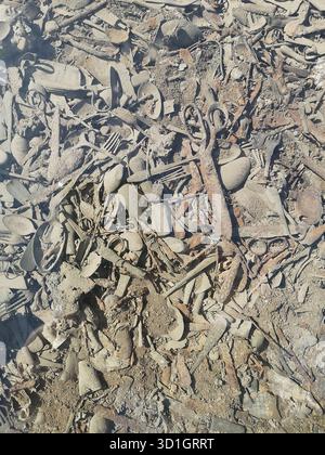 Scheren, Schmuckstücke, wertvolle Gegenstände und Utensilien, die buchstäblich in den Boden der Kanada-Kaserne von Auschwitz-Birkenau eingebettet sind – heute unter Glas aufbewahrt. Stockfoto