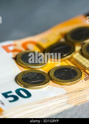 Nahaufnahme mehrerer ein-Euro-Münzen auf einem Stapel von fünfzig Euro-Banknoten, die Finanzen, Sparen, Investitionen und wirtschaftliche Stabilität in Europa darstellen Stockfoto