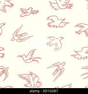 Wunderschönes nahtloses Muster mit einzeiligen Vögeln. Friedenssymbole. Eulen, Tauben und Schlucken. Colibri einzeilige handgezeichnete Gravur. Stock Vektor