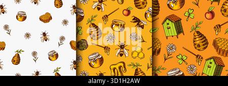 Bienenhaus, nahtloses Muster für Imkerei-Honig. Gläser und eine Biene. Handgezeichneter Löffel, Wabenform. Klee und Kamille. Gravierte Elemente für Ihr Design. Stock Vektor