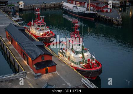 Narvik, Norwegen, zwei rote und weiße Schlepper legten an einem Hafen mit einem roten Gebäude in der Nähe an, umgeben von ruhigem Wasser und Industrieanlagen Stockfoto