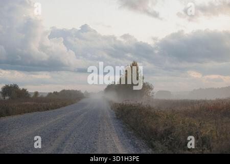 Eine abgeschiedene, unbefestigte Straße zieht sich durch ein dickes Nebelfeld und schafft eine geheimnisvolle Atmosphäre, die ein Gefühl von Ruhe und Abenteuer weckt Stockfoto