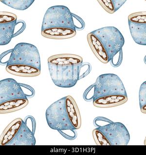 Nahtloses Muster mit blauen Tassen heißer Schokolade und Marshmallows im Aquarellstil. Perfekt für Winterverpackungspapier, Textilien, Grußkarten, an Stockfoto