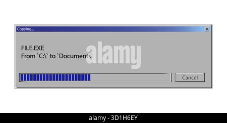 Dateifenster wird kopiert. Digitaler Fortschrittsbalken. Softwareübertragungsprozess. Retro-Computer-Schnittstelle. Stock Vektor