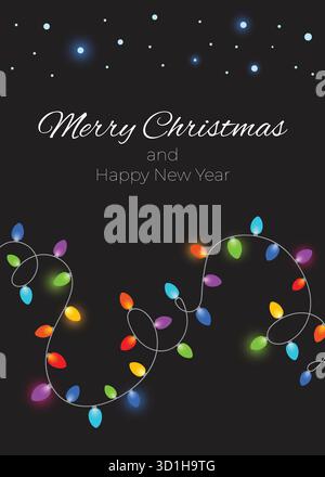 Glühende Weihnachtslichter Girlande auf schwarzem Hintergrund. Farbenfrohe Lichterkette. Weihnachtsdekoration mit Zeichentrickfilm. Regenbogenfarbe. Flaches Design. Stock Vektor