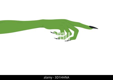 Vektor Grüne Hexenhand mit langen schwarzen Nägeln Zeigefinger. Halloween-Illustration des gruseligen Monsterarms. Gruselige Hexenhand Geste, Horror Design Stock Vektor