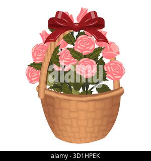 Ein Strauß rosa Rosen in einem Korb, mit einer Schleife gebunden. Vektorillustration auf weißem Hintergrund isoliert. Stock Vektor