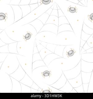 Spinnen mit Halloween-Muster krabbeln im Web. Aquarellabbildungen sind handgezeichnet in kindlichem Stil. Nahtloser Druck isoliert vom Hintergrund ist Stockfoto