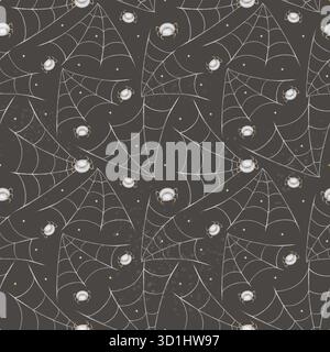 Spinnen mit Halloween-Muster krabbeln im Web. Aquarellabbildungen sind handgezeichnet in kindlichem Stil. Nahtloser Druck auf dunkelgrauem Hintergrund ist geeignet Stockfoto