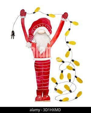 Weihnachtsgnome Dekorieren Mit Lichterketten Aquarellillustration Stockfoto