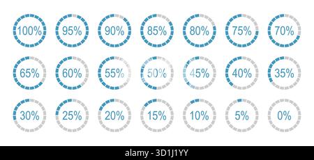 Prozentsatz der Infografiken für einfache Elemente. Runddiagrammsymbole für Infografiken von 0 bis 100 Prozent. Farbige Füllung geteilter Kreisdiagramme in Stock Vektor