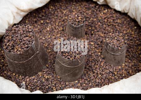 Nahaufnahme von Sichuan-Pfeffer, der in Metallbehältern gelagert wird, was seine Bedeutung für die asiatische Küche und traditionelle Heilmittel unterstreicht. Stockfoto
