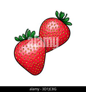 Set aus wunderschöner Cartoon rote Erdbeere mit Schriftzug Erdbeere. Symbol des Sommers. Design für Weihnachtsgrußkarte und Einladung der Saison Stock Vektor