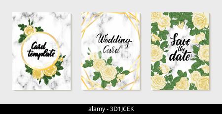 Set aus luxuriöser Hochzeitseinladung mit goldenen geometrischen polygonalen Linien, marmorierender Textur, weißen Rosen. Design-Grußkarte von Hochzeit, Geburtstag, Wertigkeit Stock Vektor