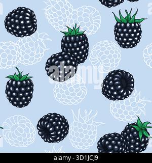 Nahtloses Muster blackberry mit weißer Kontur auf blauem Hintergrund, Symbol des Sommers. Entwerfen Sie Weihnachtsgrußkarte und Einladung Stock Vektor