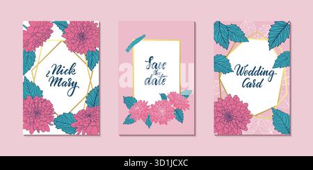 Set aus Hochzeitseinladungskarte mit goldenen geometrischen, polygonalen Linien und rosa Chrysanthemen. Design-Grußkarte von Hochzeit, Geburtstag Stock Vektor