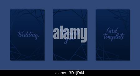 Set von luxuriöser Hochzeitseinladungskarte mit blauen geometrischen polygonalen Linien auf dunkelmarineblauem Hintergrund. Design-Grußkarte von Hochzeit, Geburtstag Stock Vektor