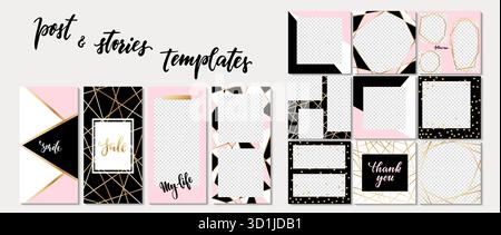 Trendige Vorlage für Geschichten und Beiträge in sozialen Netzwerken Gold, Schwarz, Rosa, weiß. Vektorabbildung. Gestalten Sie Hintergründe für soziale Medien Stock Vektor