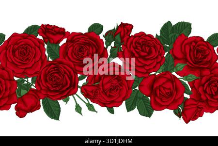 Vektor horizontaler nahtloser Hintergrund mit roten Rosen, Knospen und Blättern. Designelement für Grußkarte und Einladung zur Hochzeit, Geburtstag Stock Vektor