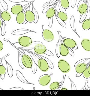 Nahtlose schwarze und weiße Skizze mit patten umrandet olivfarbenen Zweigen mit Blättern und Oliven. Design für Restaurant, Café, Menü, Bio-Kosmetik mit Olivenöl Stock Vektor