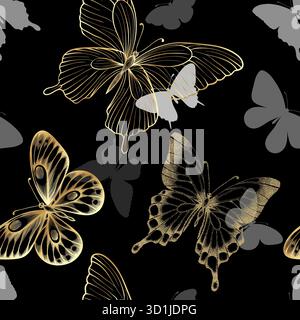 Nahtloses Muster mit goldenen Umrissen der dekorativen Schmetterlinge. Design-Grußkarte und Einladung von Hochzeit, Geburtstag, Valentinstag, Muttertag Stock Vektor