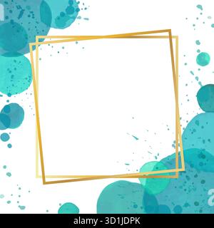 Hintergrund des Rahmens mit Wasserfarben-Splash-Effekt. Blaue Pinselstriche Goldener Rundkonturrahmen. Goldene Luxuslinie für Einladung, Karte, Verkauf Stock Vektor