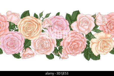 Vektor horizontaler nahtloser Hintergrund mit rosa Rosen, Knospen und Blättern. Designelement für Grußkarte und Einladung zur Hochzeit, Geburtstag Stock Vektor