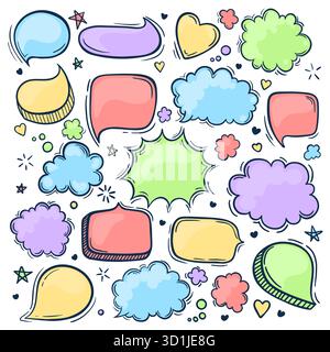 Set handgezeichneter, kritzelfarbiger Speach Bubbles. Pastellfarben. Vektorabbildung Stock Vektor