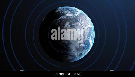 Rotierender Planet Erde, teilweise durch Sonnenlicht im Weltraum beleuchtet, mit konzentrischen blauen Ringen Stockfoto