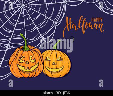 Halloween-Hintergrund. Happy halloween Kalligraphie-Schriftzug Cobweb, orange Kürbisse Illustration. Entwerfen Sie Weihnachtsgrußkarte und Einladung, Flyer Stock Vektor