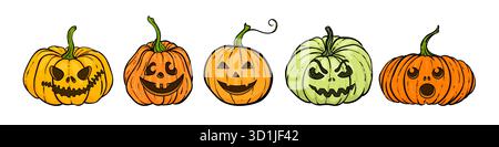 Cartoon halloween Kürbis. Set aus orangefarbenen Kürbissen, die gruselig lächelnde, süße, leuchtende Gesichter schnitzen. Design für Weihnachtsgrußkarte und Einladung Stock Vektor