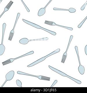 Nahtloses Muster des Besteckmessers, der Gabel, des Löffels Vektor-Doodle-Linie Kunststil auf weißem Hintergrund. Design für Menürestaurant und Café. Küchenbesteck Stock Vektor