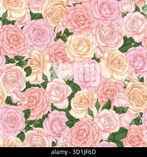 Nahtloser Hintergrund mit pastellrosa, gelben, weißen Rosen, Knospen und Blättern. Designelement für Grußkarte und Einladung zur Hochzeit, Geburtstag Stock Vektor