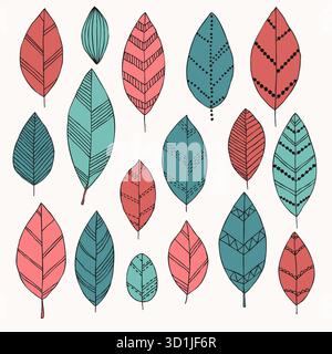 Set mit Doodle isolierten Vintage-Blätter-Doodle. Design Hintergrund Grußkarten und Einladungen zur Hochzeit, Geburtstag, Muttertag Stock Vektor
