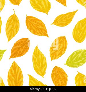 Wunderschöner nahtloser Hintergrund mit gelben, orangen, grünen Blättern. Handgezeichnet mit Wirkung der Zeichnung in Aquarell. Gestalten Sie Grußkarten im Hintergrund Stock Vektor
