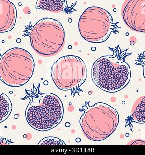 Nahtloses Muster aus schwarzen, roten, weißen Granatäpfeln. Gesundes vegetarisches Essen. Comiccomics kritzelnd mit Kontur. Dekoration für Grußkarten Stock Vektor
