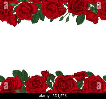 Luxuriöse Hochzeitseinladungskarte mit roten Rosen, Knospen und Blättern. Design-Grußkarte und Einladung zur Hochzeit, zum Geburtstag, zum Valentinstag Stock Vektor