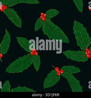 Nahtloses Muster stechpalmenzweig mit Beere und Blättern auf schwarzem Hintergrund. Entwerfen Sie eine Grußkarte für frohe Weihnachten und frohes neues Jahr Stock Vektor