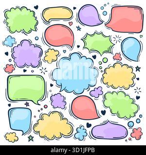 Set handgezeichneter, kritzelfarbiger Speach Bubbles. Pastellfarben. Vektorabbildung Stock Vektor