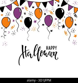 Handgezeichneter Kritzelballon, Girlande, Flaggen. Happy halloween Creative Kalligraphie Schriftzug. Design für Weihnachtsgrußkarte und Einladung, Flyer Stock Vektor