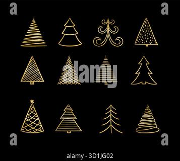 Set von handgezeichneter Skizze Goldener Weihnachtsbaum. Design für Weihnachtsgrußkarten und Einladungen zu frohen Weihnachten und Happy New Year, Banner Stock Vektor