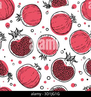 Nahtloses Muster aus schwarzen, roten, weißen Granatäpfeln. Gesundes vegetarisches Essen. Comiccomics kritzelnd mit Kontur. Dekoration für Grußkarten Stock Vektor