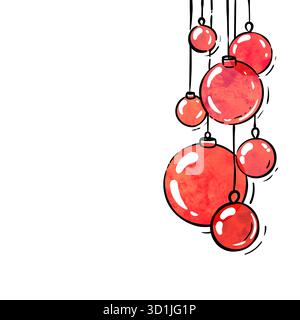 Hängende Weihnachtskugel mit rotem Aquarell. Winterferien mit Rand- oder Rahmendesign Weihnachtsgrußkarte für frohe Weihnachten und Happy New Year Stock Vektor