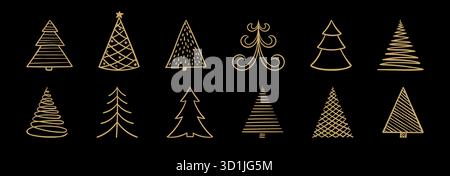 Set von handgezeichneter Skizze Goldener Weihnachtsbaum. Design für Weihnachtsgrußkarten und Einladungen zu frohen Weihnachten und Happy New Year, Banner Stock Vektor
