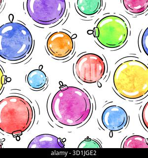 Winter nahtloses Muster Aquarell Weihnachtskugel mit schwarzer Linienkontur. Entwerfen Sie Weihnachtsgrußkarten und Einladungen zu frohen Weihnachten Stock Vektor